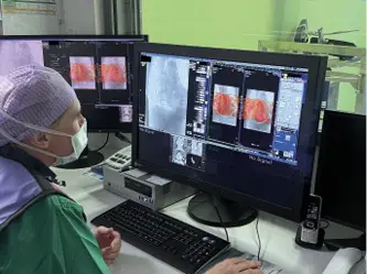 Abb. 7: Zur Vervollständigung der 2D/3D-Registrierung werden die intraoperativen Fluroskopieaufnahmen mit dem präoperativen CT-Datensätzen fusioniert.
